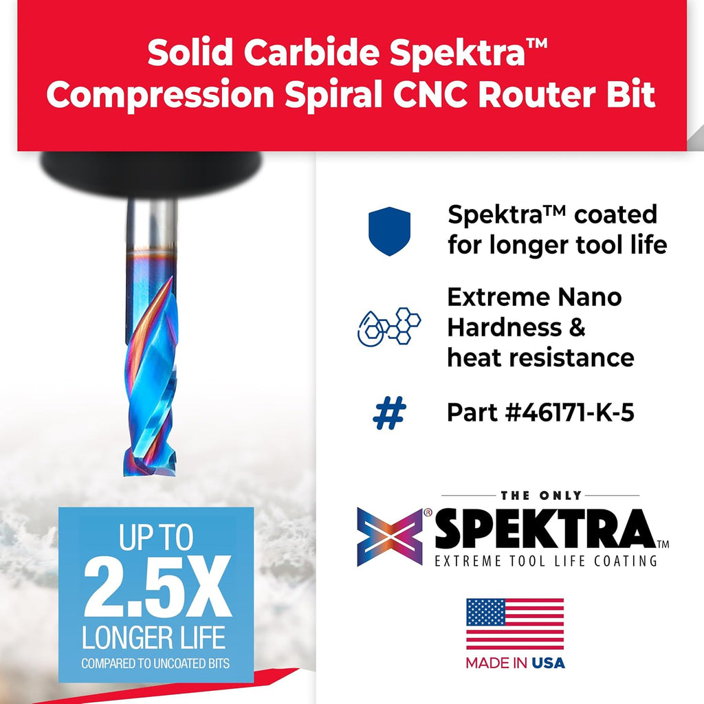 Amana Tool Spektra Extreme Tool Life Coated CNC Compression Spiral Router Bit, 46171-K-5 5 Pack, 3/8 D x 7/8 CH x 3/8 Shk x 3 Inch L 2 Flute