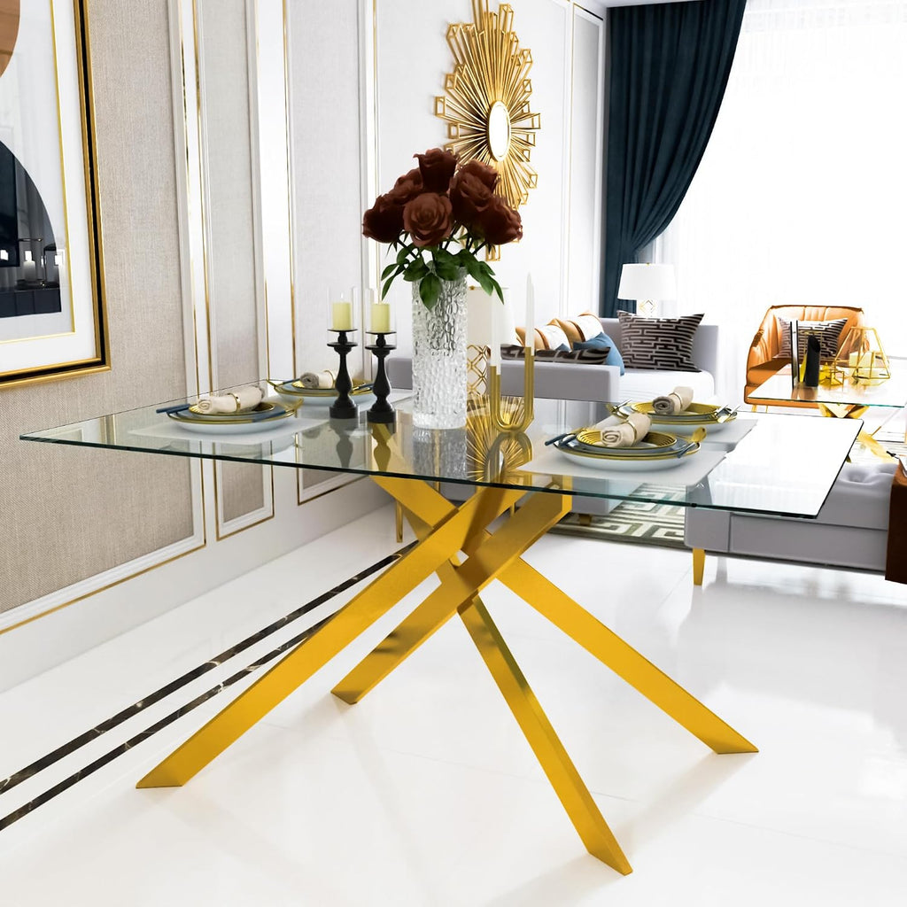 51.18' Rectangular Glass Dining Table, Tempered Glass Kitchen Tabe with Metal Legs, Stylish and Sturdy Dinner Table for Home and Outdoor Dining (Golden, 51.18'')