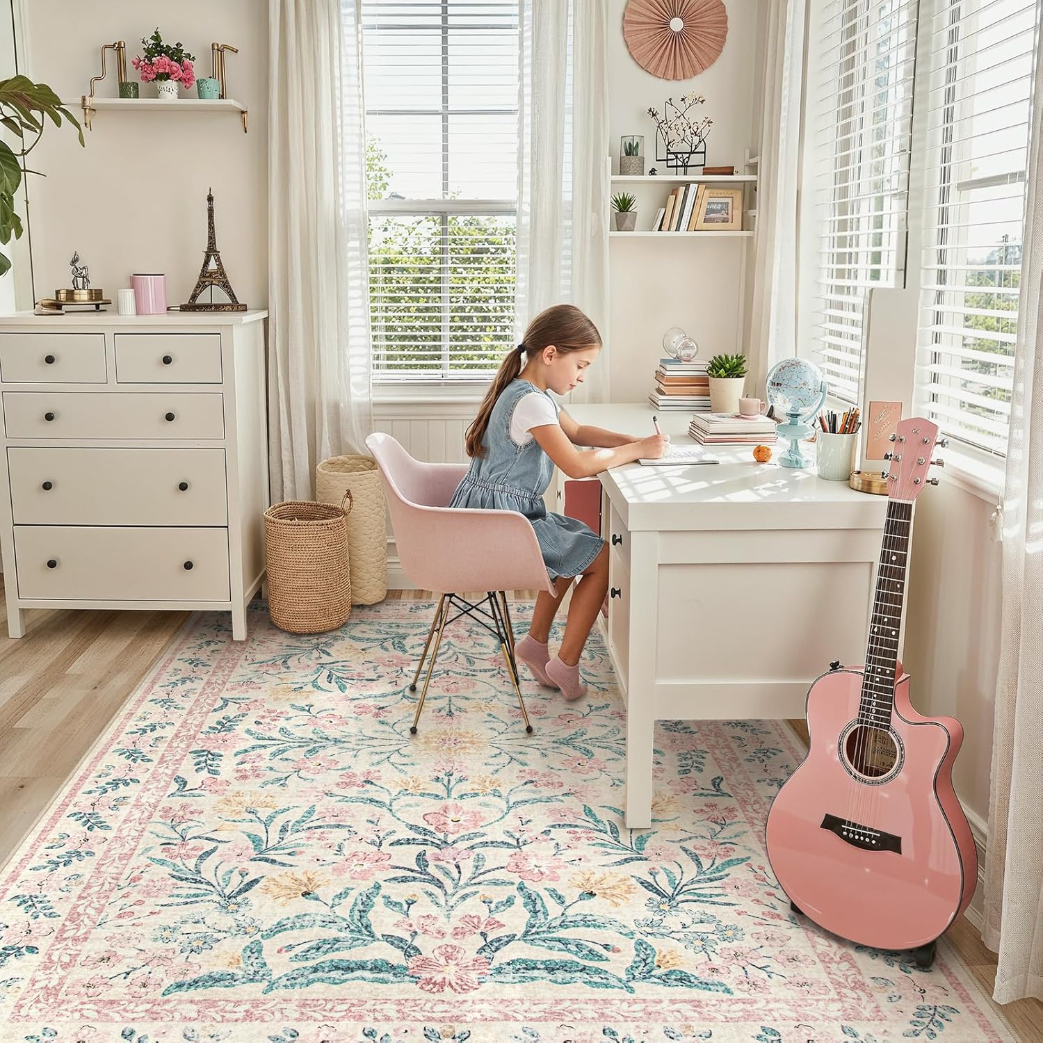 Lahome Sylvie Area Rugs 8x10 for Living Room, Boho Machine Washable Pink Cottage Decor for Girls Bedroom, Ultra-Thin Soft Cute Non Slip Floral Carpets for Dorm Reading Room Classroom, Pink/Multi