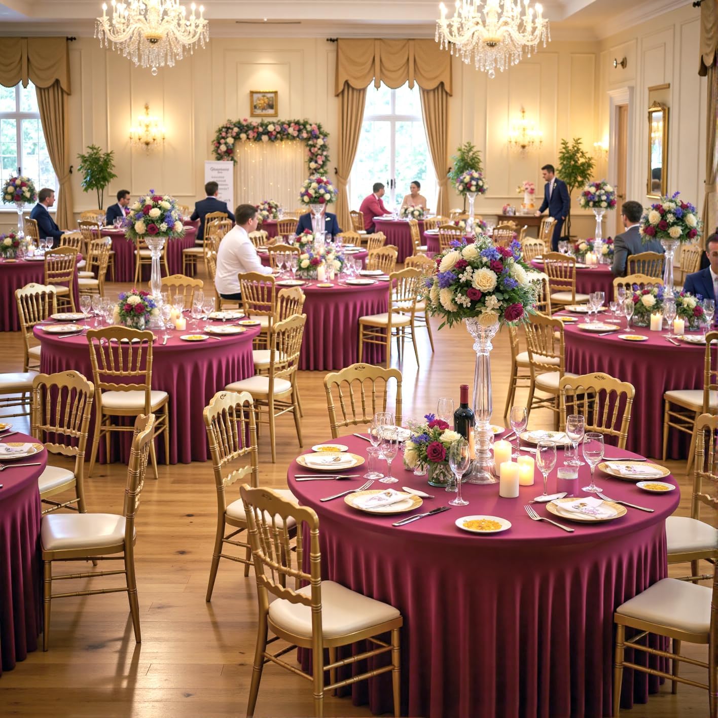 Outpain 6 Pack Spandex Burgundy Round Tablecloths for 60in Tables, 120Inch Stretchy Fitted 5FT Round Table Clothes,Wrinkle Free Table Cover with Skirt for Wedding Party Dining Banquet