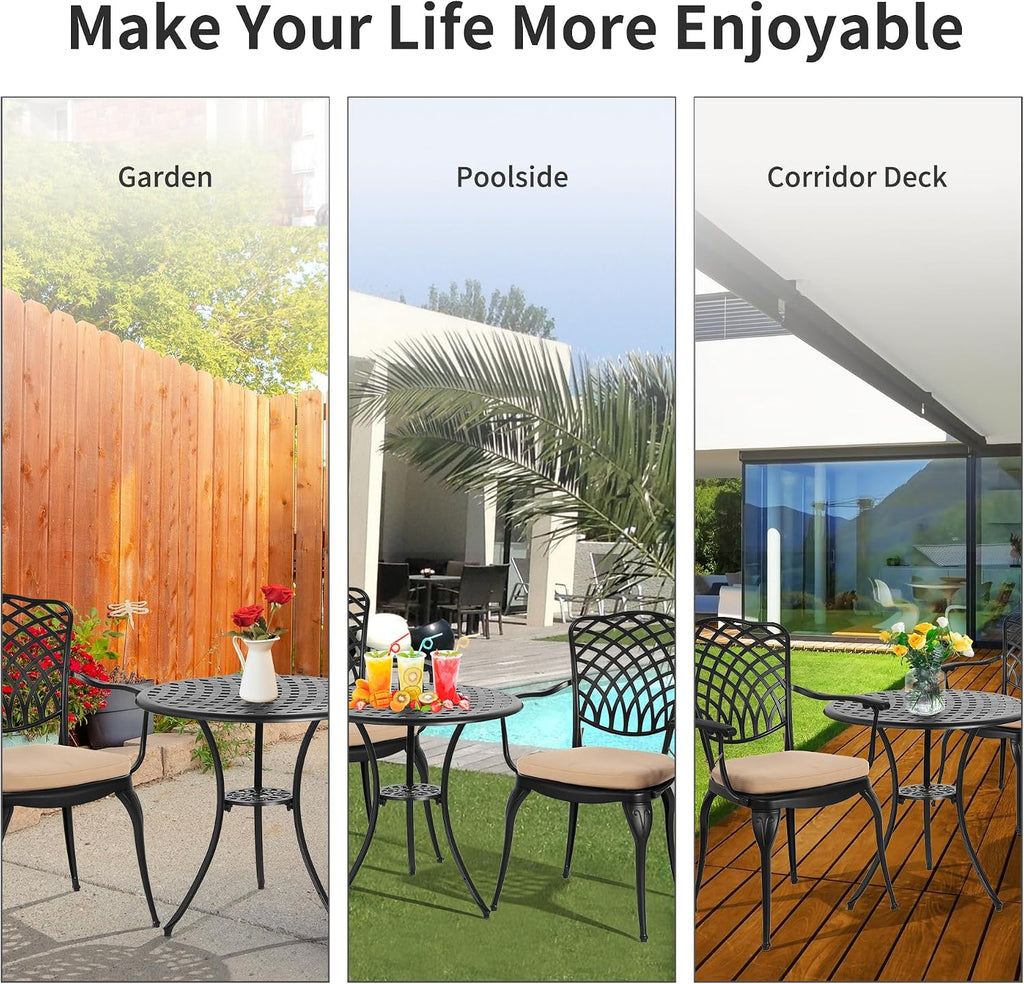 HOMEFUN Thickened Heavy-Duty Cast Aluminum Outdoor 3 Piece Patio Bistro Set of 2 with Armrests & Padded Cushion, Ultra Sturdy Rustproof All-Weather for Garden Balcony， White
