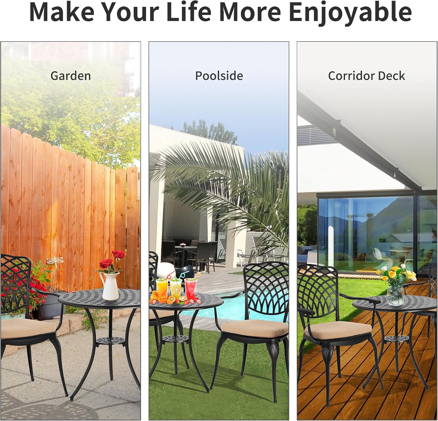 HOMEFUN Thickened Heavy-Duty Cast Aluminum Outdoor 3 Piece Patio Bistro Set of 2 with Armrests & Padded Cushion, Ultra Sturdy Rustproof All-Weather for Garden Balcony， White