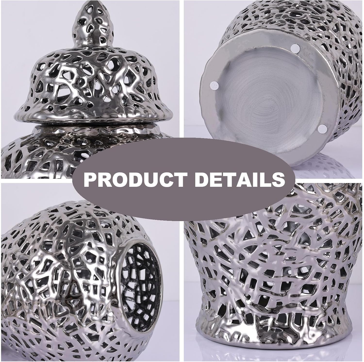 Pierced Ginger Jar Vase with Lid - 15.7' Tall Decorative Ceramic Jar for Home Decor, Centerpiece for Living Room, Dining Room, Entryway, or Office, Large Vase for Flowers (Silver)