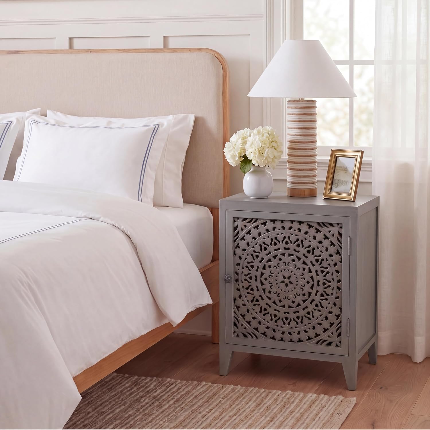 SAFAVIEH Furniture - Thea 1-Door Carved Nightstand - Grey Walnut - Mango Wood - Artisan Global Design - Ideal for Bedroom, 20'W x 14'D x 26'H - Fully Assembled (NST5300B)