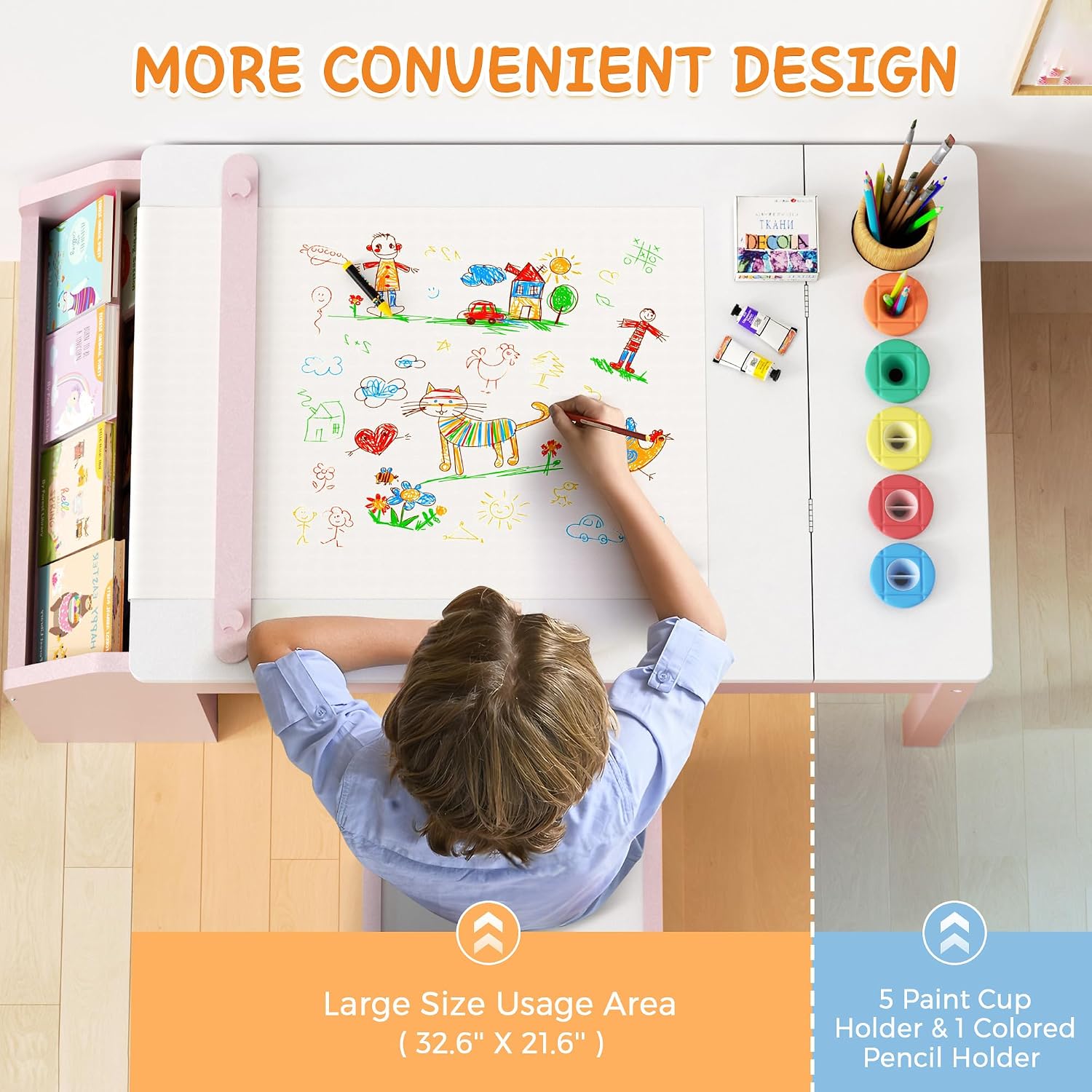 5-in-1 Kids Art Table and Chairs, Wood Toddler Table and Chair Set with Storage Drawers, Craft Play Desk for Kids, Convertible Art Easel with Paper Roll Holder, Children Activity Learning Center-Pink