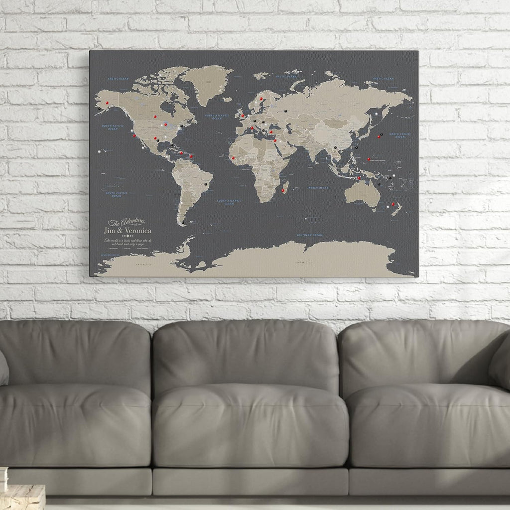 Earth Tone World Map with Pins – Personalized Canvas Push Pin Map – Framed World Travel Wall Decor – Gallery Wrap - 24' x 36'