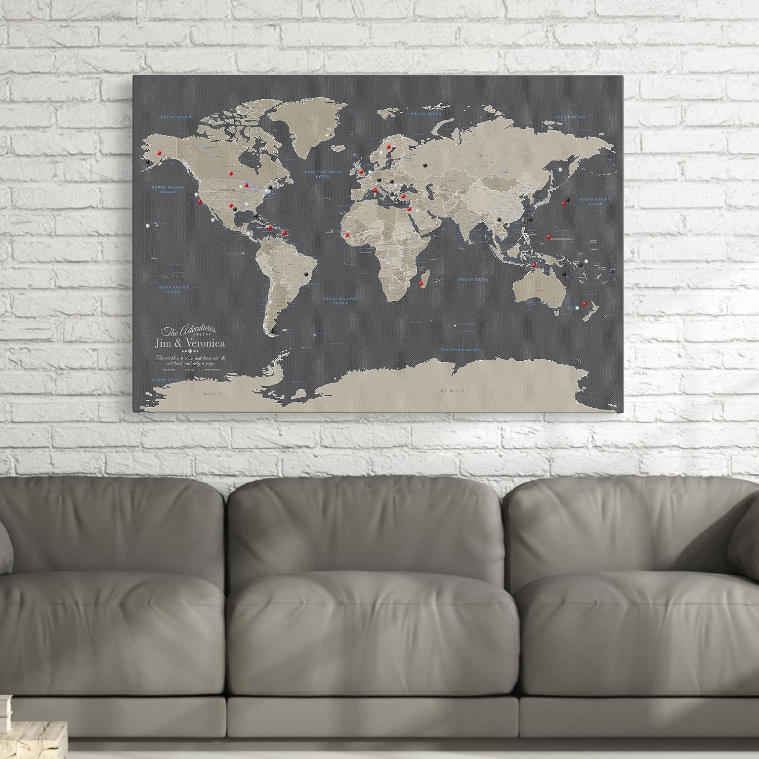 Earth Tone World Map with Pins – Personalized Canvas Push Pin Map – Framed World Travel Wall Decor – Gallery Wrap - 24' x 36'
