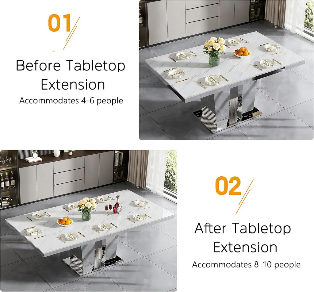 94 inch Extendable Dining Table for 6 8 10, Modern Expandable Kitchen Table with White Faux Marble Top & Silver Mirrored Base, Large Luxury Faux Marble Dining Room Table for Dinner Family Gathering