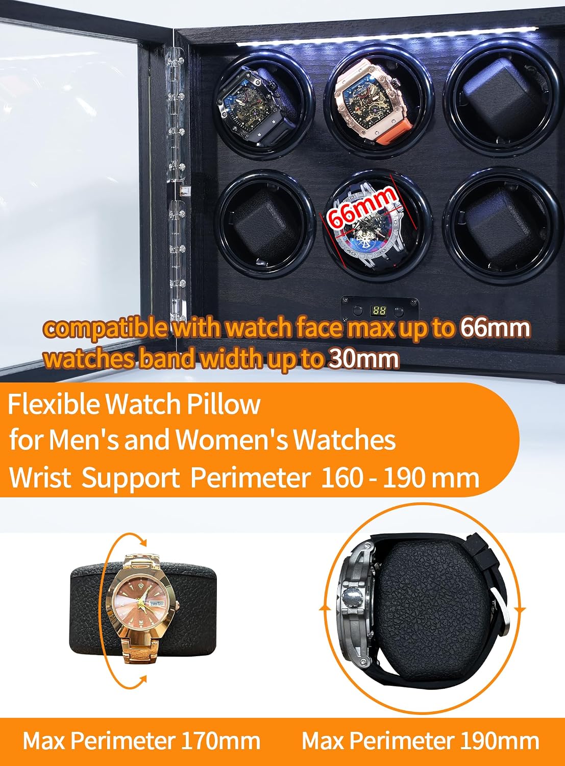 Watch Winder for 2/4/6/8 Automatic Watches, Watch Rotator for Rolex 15 Rotation Modes Display Box White Light, Watches Winder Case with USB-C Adapter, Present for Men Quiet Mabuchi Motor(≤5db)