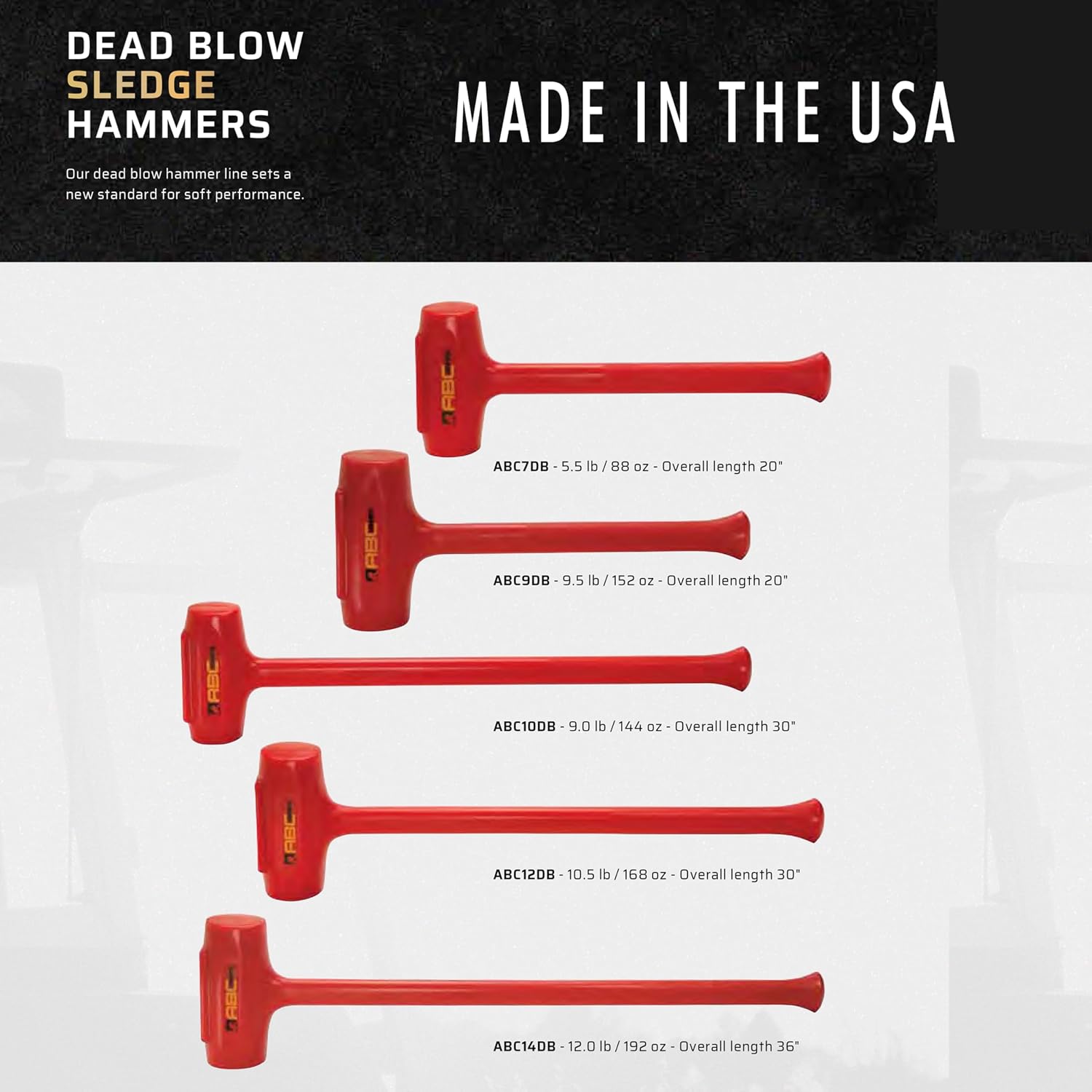 ABC HAMMERS Dead Blow Sledge Hammer - 12 lb. Polyurethane Hammer with Steel Reinforced Handle & 36' Overall Length - ABC14DB