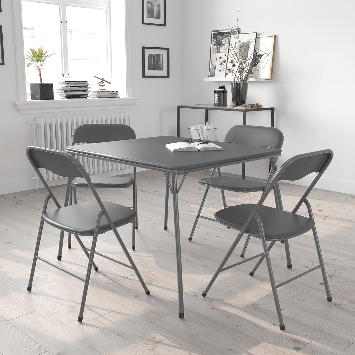EMMA + OLIVER 5-Piece Multipurpose Folding Card Table and Chairs Set for 4 Players, Padded Top Portable Square Folding Table and Chairs Set, Gray