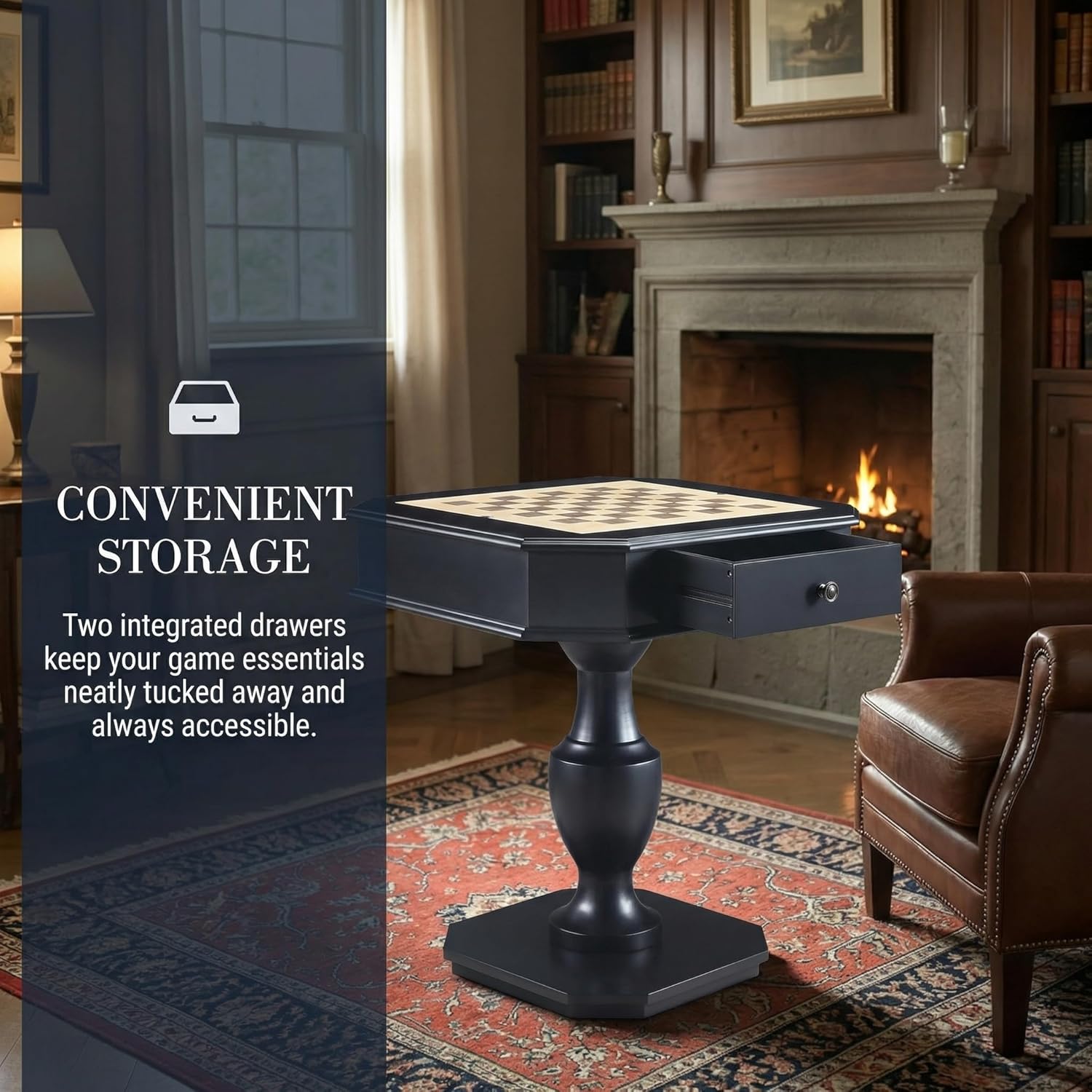 Chess Table, Reversible Chess Checker Game Table with 2 Drawers for Family Entertainment Room, 3-in-1 Square Game Tray for Chess Checker Backgammon, Black