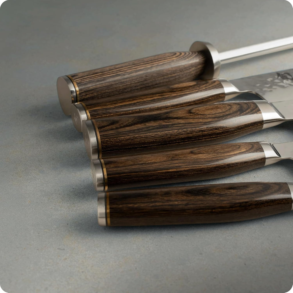 Shun Premier 6 Piece Block Set, Includes 8' Chef, 4' Paring, 5.5' Nakiri, 6.5' Utility Knives, Honing Steel & 8-Slot Angled Knife Block, Handcrafted Japanese Knife Set, Pakkawood Handles
