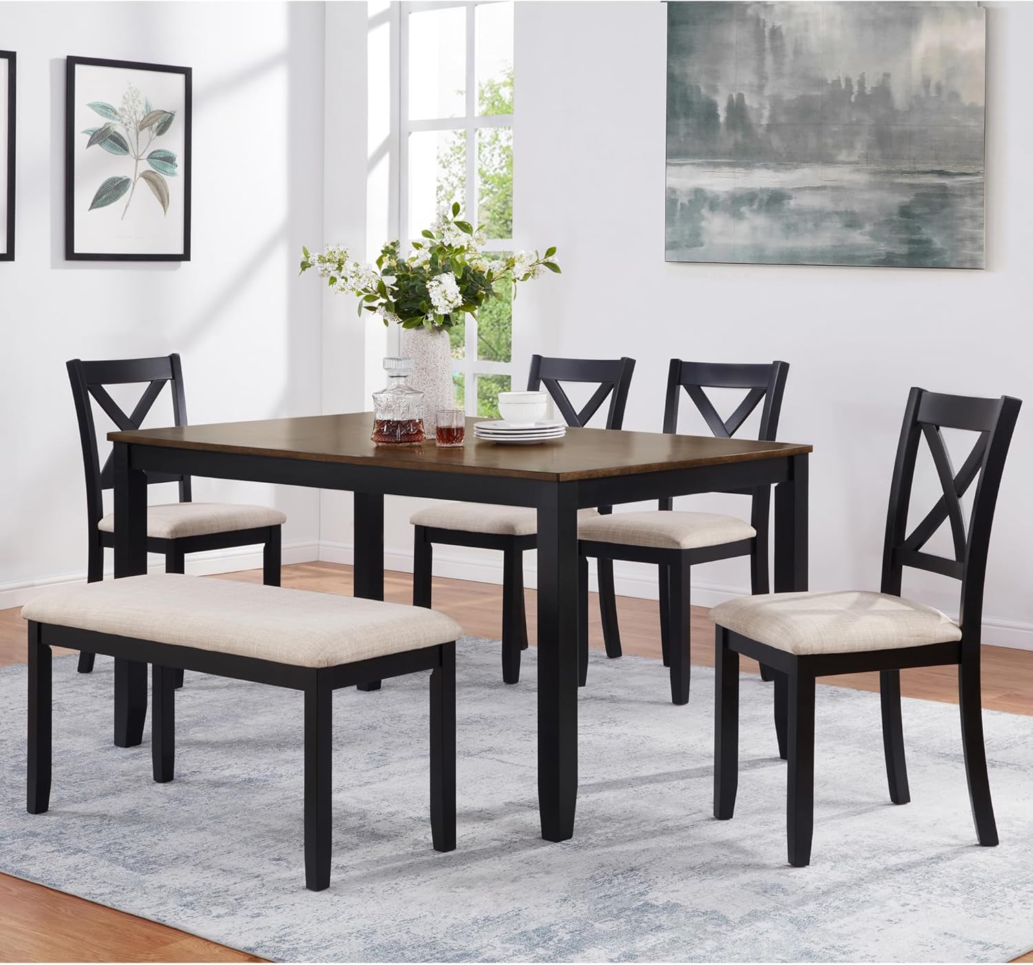 Harper & Bright Designs Dining Table Set for 6 with Bench, 6-Piece Farmhouse Kitchen Set in Black & Oak Two-Tone, Solid Wood Frame Table & 4 Chairs for Dining Room