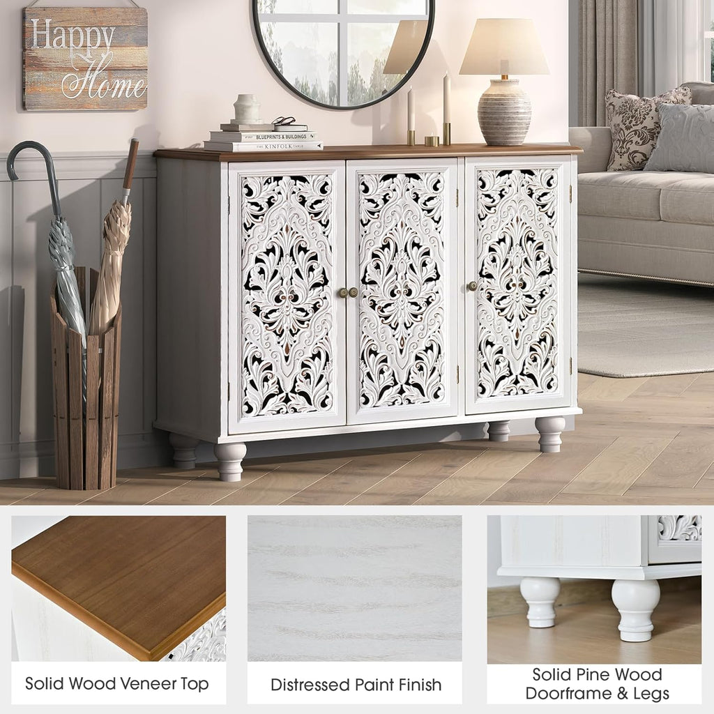 JOINICE Accent Cabinet with 3 Carved Doors,Farmhouse Buffet Cabinet with Storage for Living Room, Entryway, Dining Room, Coffee Bar(White)