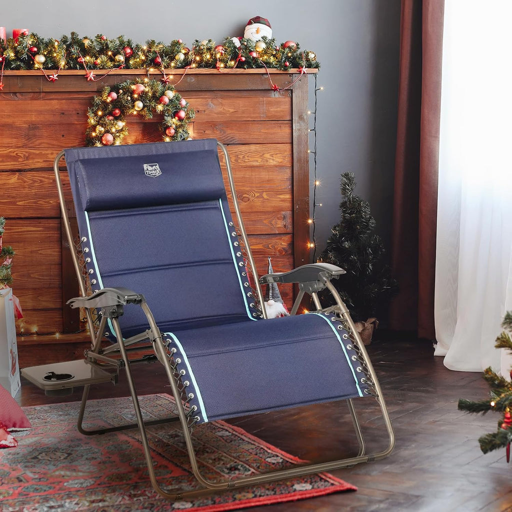 Timber Ridge Oversized Zero Gravity Chair, 33In Wide XXL Zero Gravity Reclining Chair with Side Table, Full Padded Lounge Chair for Outdoor Camping Patio Lawn, Heavy Duty Supports 500lbs, Blue-1 Pack
