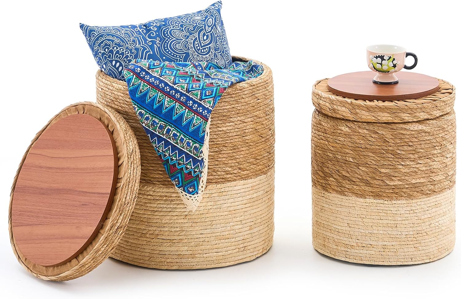 Wimarsbon Round Pouf Ottomans, Handwoven Natural Water Hyacinth Seagrass Pouffe,Outdoor Rattan Stool Accent Seat, Bohemian Coastal Home Decor (Cattail Nested Set-White)