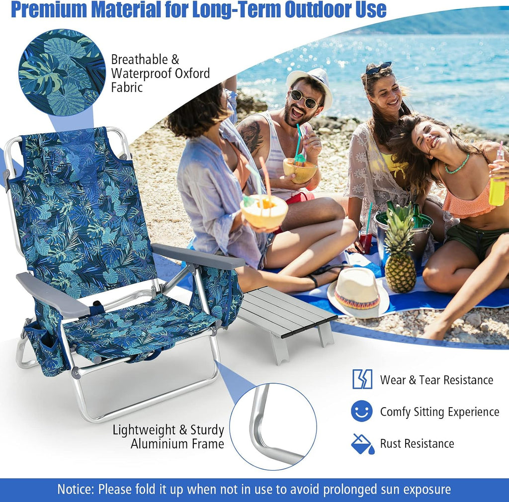Tangkula Backpack Beach Chair with Table, 5-Position Lay Flat Lightweight Low Folding Beach Chairs with Cooler Bag, 2 Cup Holders, Towel Bar, Backpack Straps