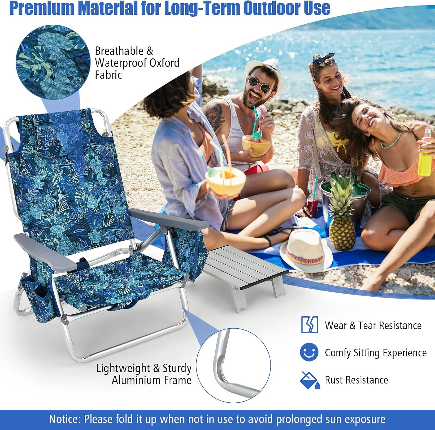 Tangkula Backpack Beach Chair with Table, 5-Position Lay Flat Lightweight Low Folding Beach Chairs with Cooler Bag, 2 Cup Holders, Towel Bar, Backpack Straps