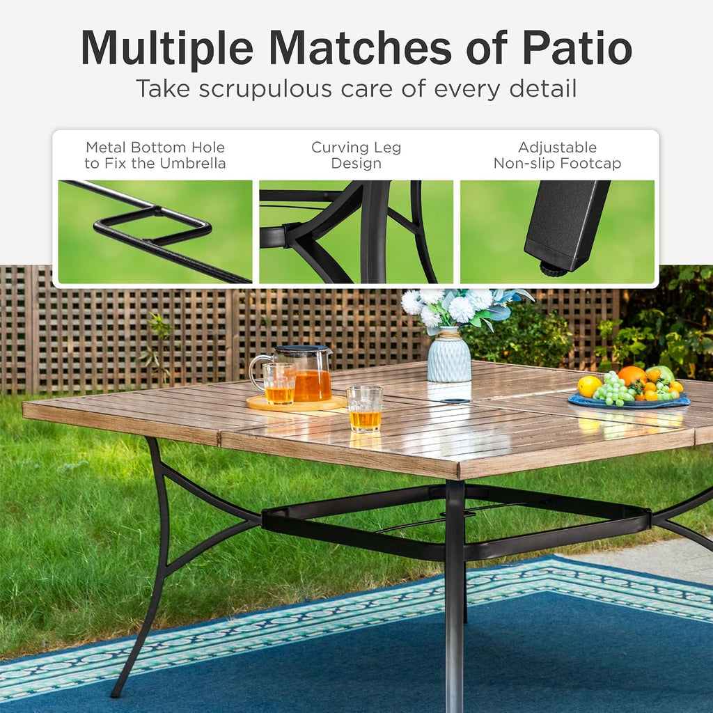 PHI VILLA 57.5' Outdoor Patio Table for 8 Person, Large Square Metal Steel Dining Table with Umbrella Hole, Weather-Resistant Wood-Like Table for Deck Backyards Porch, Brown