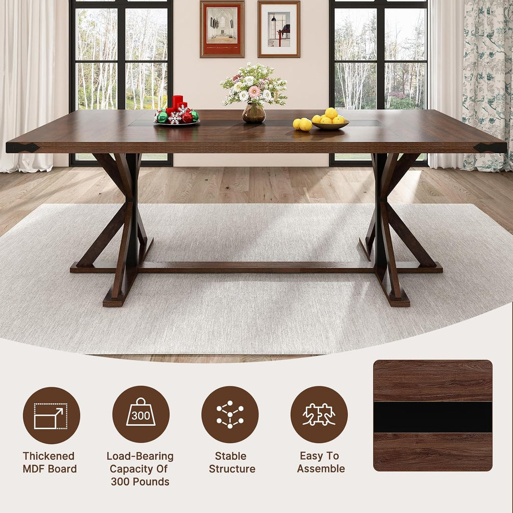 Hlivelood 78 Inch Dining Table for 8 People, Rectangular Kitchen Farmhouse Table W/Thickness Waterproof Wood Tabletop,Long Dining Room Tables W/Wood Strip Base for Kitchen Living Room(78IN Brown)