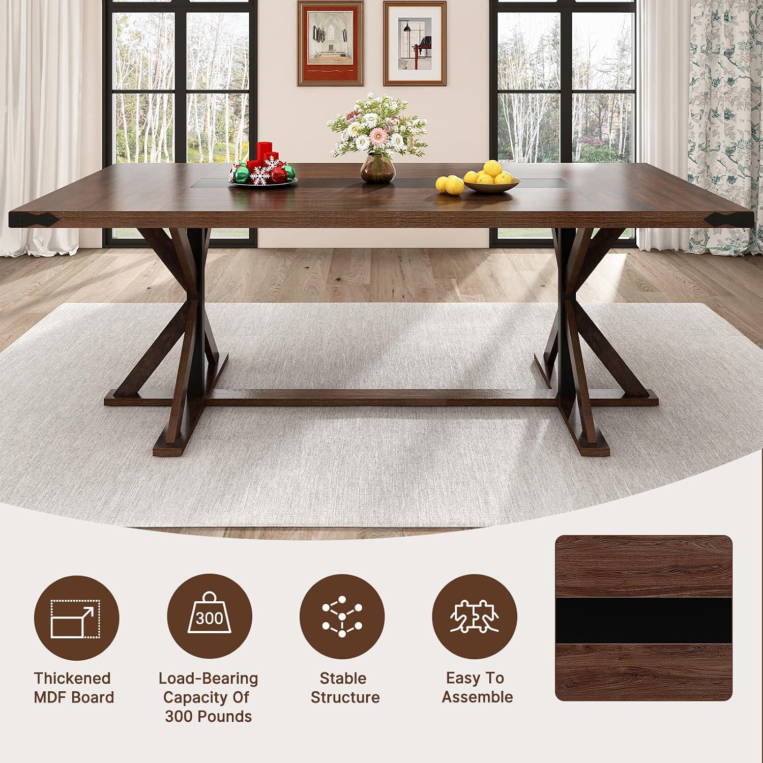 Hlivelood 78 Inch Dining Table for 8 People, Rectangular Kitchen Farmhouse Table W/Thickness Waterproof Wood Tabletop,Long Dining Room Tables W/Wood Strip Base for Kitchen Living Room(78IN Brown)