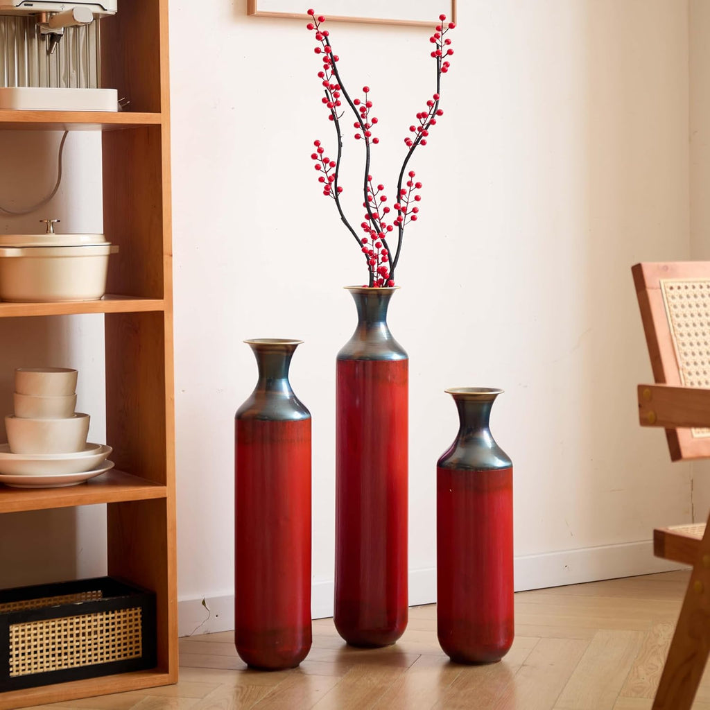Tall Floor Vases for Living Room Set of 3 – Red Metal Decorative Floor Vase Set, Large Modern Floor Vases for Home Decor, Elegant Tall Metal Vases for Floor Decoration