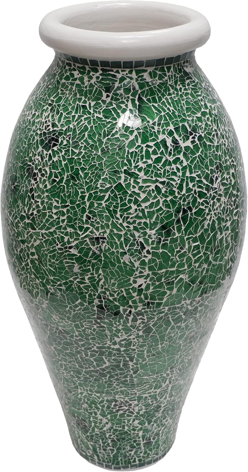 Floor Vase, 24 Inch Mosaic Vase – Tall Cylinder Made of Terracotta with Green Glass Mosaic Pieces – Handcrafted Decorative Home Décor Accent Piece for Bedroom, Living Room, Office