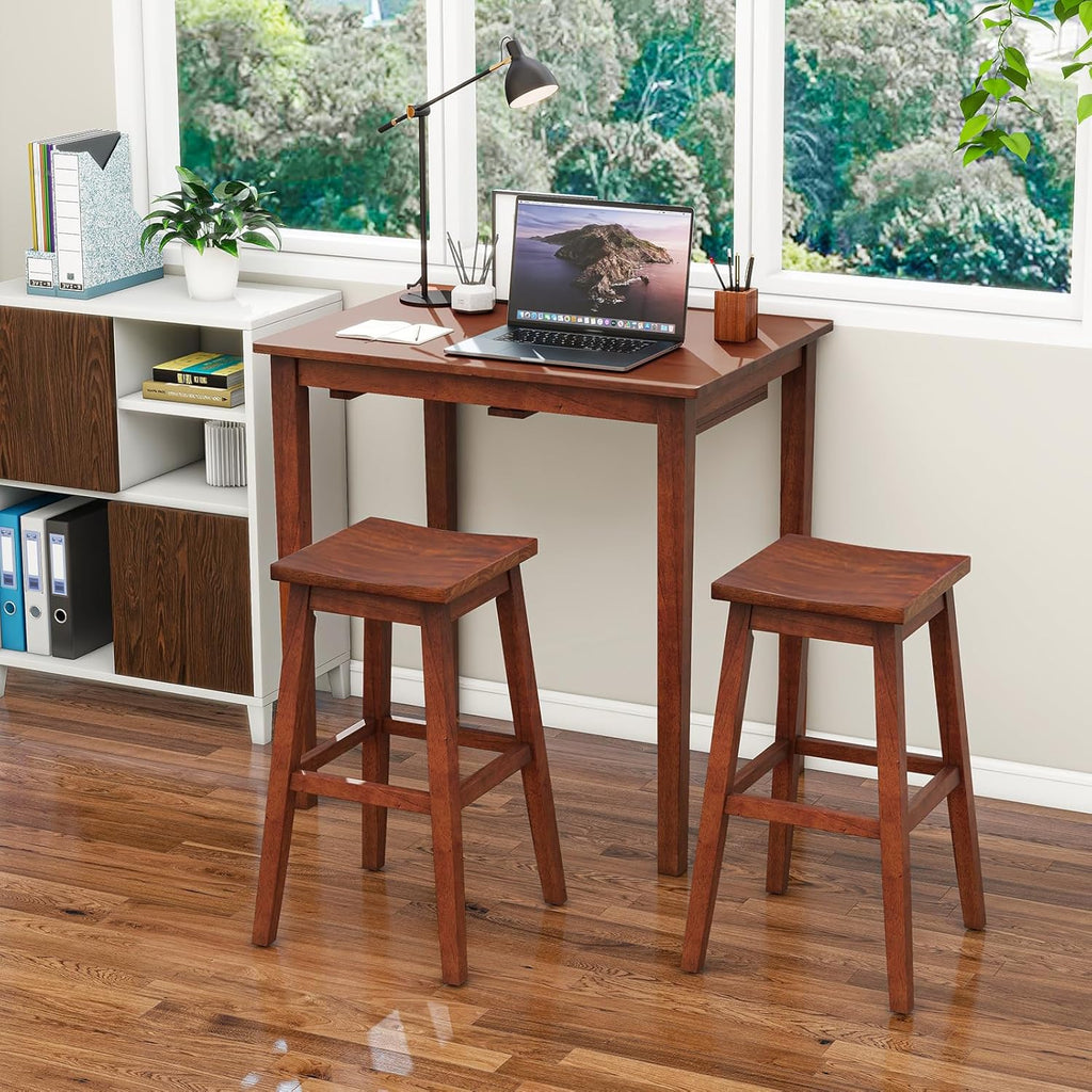 Giantex Bar Table and Chairs Set - 3-Piece Counter Height Dining Table Set with Hangable Bar Stools, Wood Veneered Tabletop, Rubber Wood Legs, Space Saving Dinette Set, Breakfast Nook Table Set, Brown