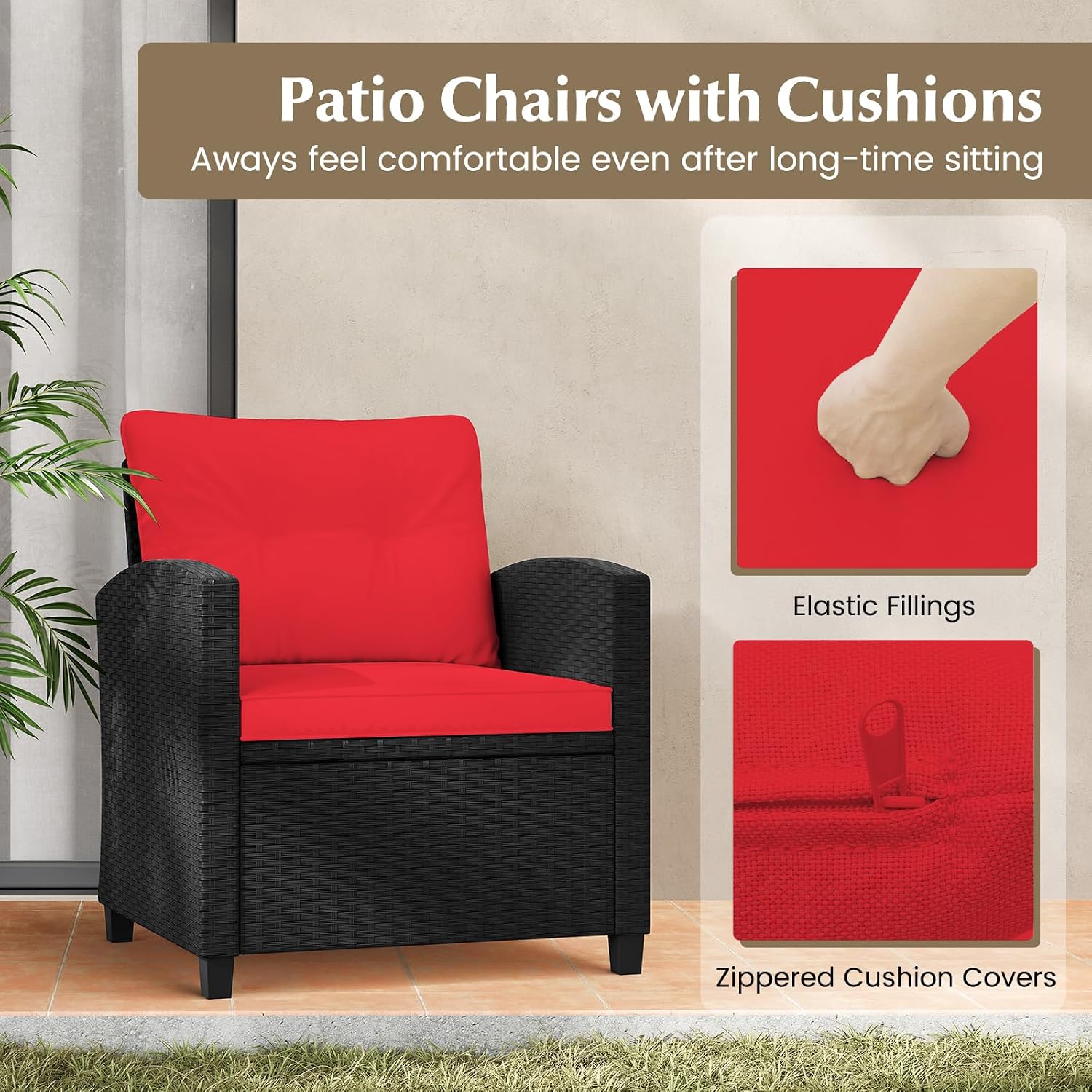Tangkula 3 Pieces Patio Furniture Set, Rattan Conversation Set w/Soft Seat & Back Cushions, Tempered Glass Topped Coffee Table, Cushioned Wicker Seating for Backyard, Porch, Poolside (Red)