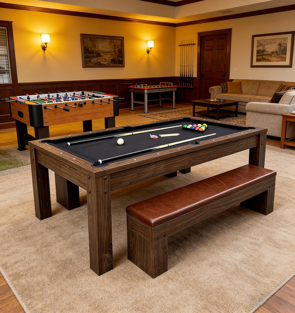 8ft Dining Pool Table Combo with Game Accessories, 3-in-1 Multi-Functional Game Table with Ping Pong & Dining Top & 2 Benches, for Play & Dining