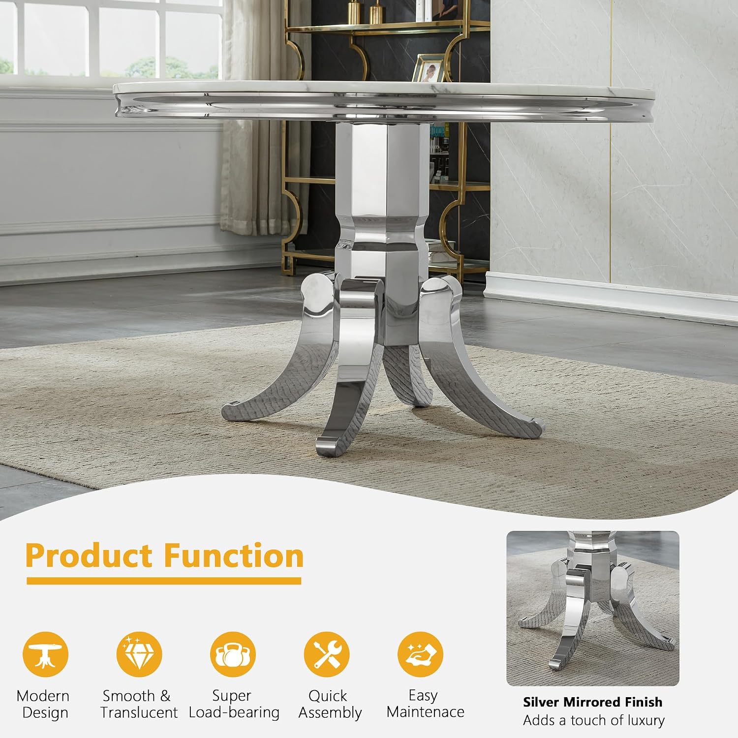 45 in Round Marble Dining Table for 4 to 6, Modern Circular White Faux Marble Kitchen Table with Silver Stainless Steel Leg, Round Kitchen Dining Room Table for Breakfast Dinette Dinner Dinning Room