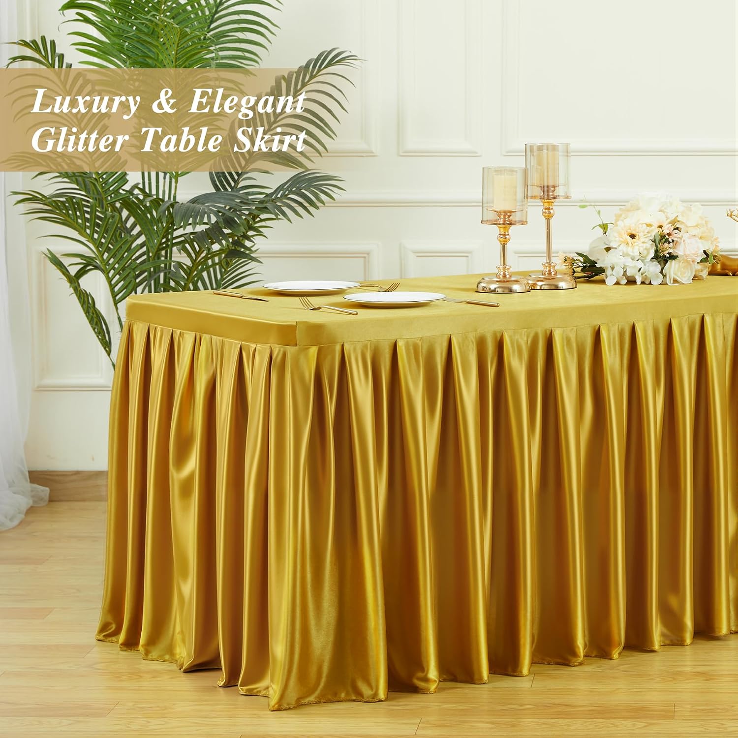 6 Pack 6FT Gold Satin Tablecloths for Rectangle Tables - Shiny Spandex Party Table Cover with Pleated Table Skirt, No-Wrinkle & Glossy Wedding Tablecloth One-Piece for Birthday Baby Shower Banquet