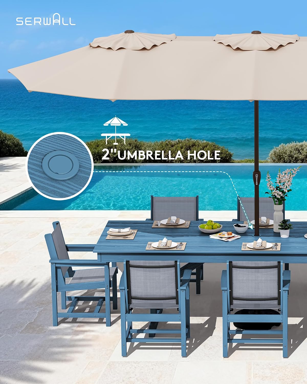 SERWALL 9 Piece Outdoor Dining Set, 84' HDPE Outdoor Large Table and Textilene Sling Chairs for 8，All Weather Patio Dining Furniture Set with Umbrella Hole for Backyard, Garden, Blue