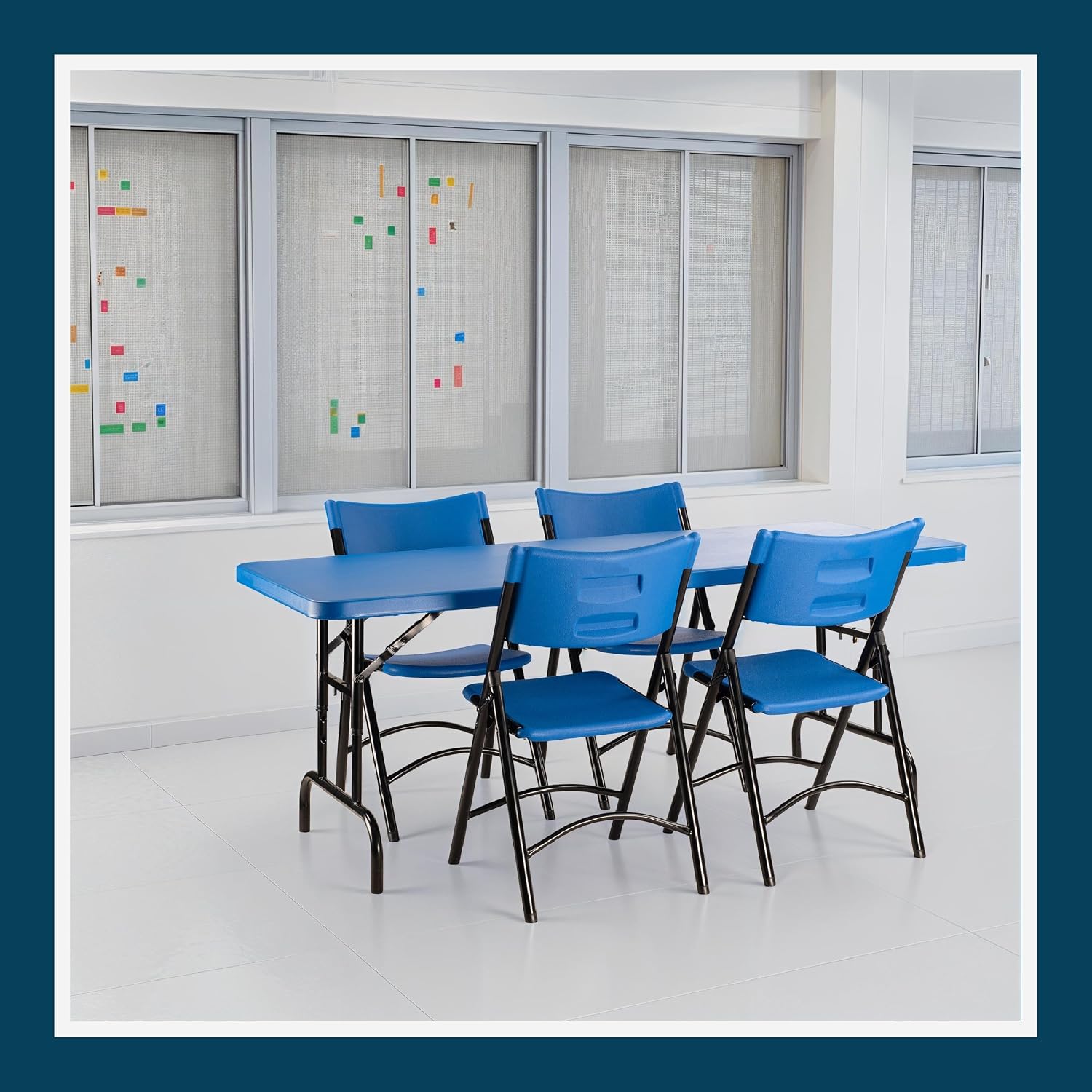 OEF Furnishings OEFBTA-3072-04 Adjustable-Height Commercial-Grade Premium Industrial Folding Table, 6-Foot Pedestal-Leg Design with 17-Gauge Steel Frame and Thick Double-Wall Top (72' × 30', Blue Top)
