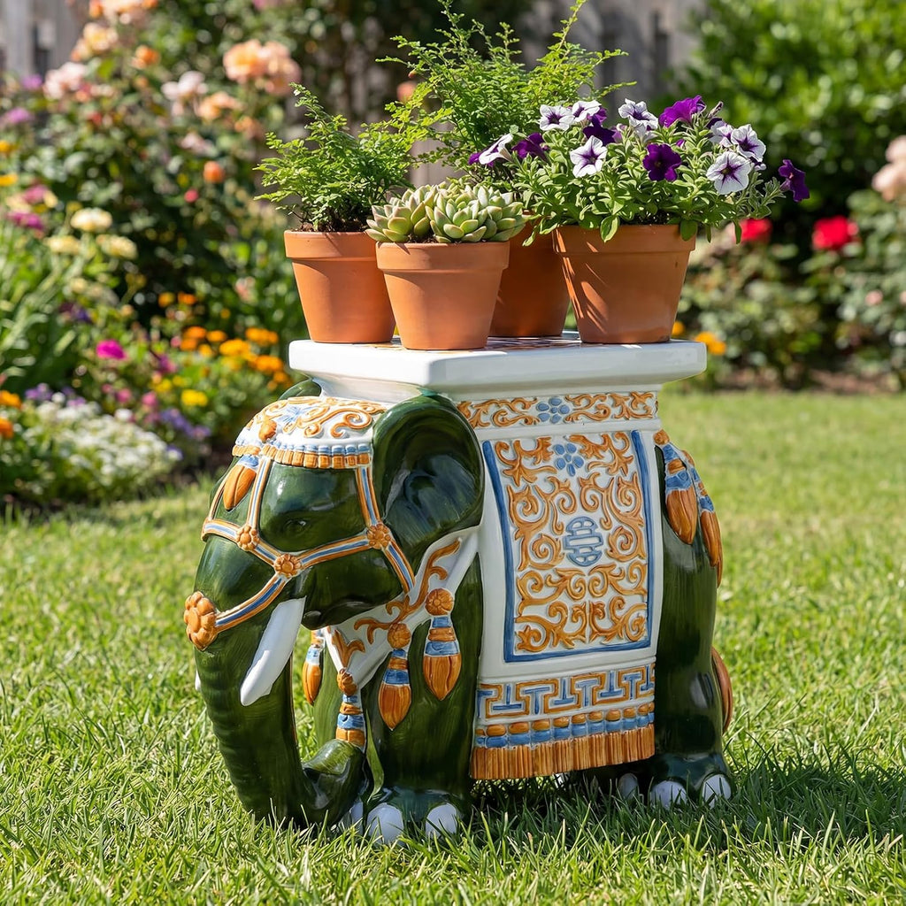 Leinuosen Elephant Garden Stool 16.5 Inch - Resin Elephant Side Table & Plant Stand, Indoor Outdoor Decorative Accent Table for Patio Balcony Living Room, Bohemian Home Decor Gift(Green Color)