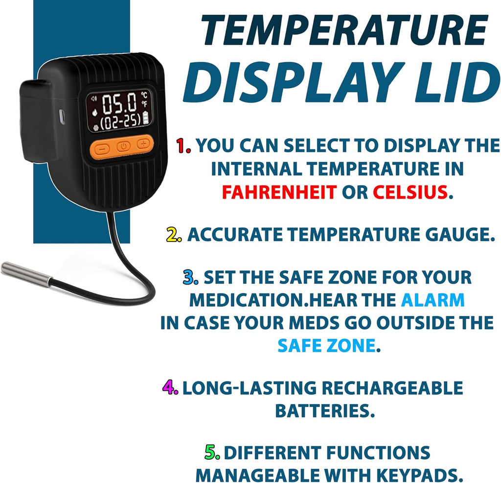 4AllFamily Nomad Big PRO Insulin Cooler Travel Case – 52H Medication Cooler for Travel with Digital Temperature Display – Insulin Pen Cold Case with Medicine Bag & Reusable Big Blue Thermo - Black