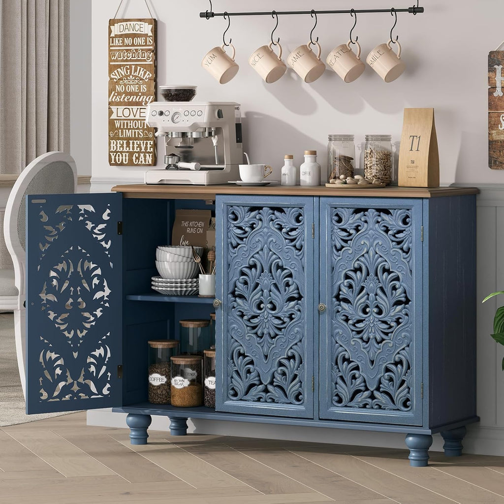 JOINICE Accent Cabinet with 3 Carved Doors, Distressed Sideboard Buffet with Storage & Solid Wood Legs, 43' Vintage Console Table for Living Room,Entryway,Coffee Bar,Hallway(Blue & Walnut)