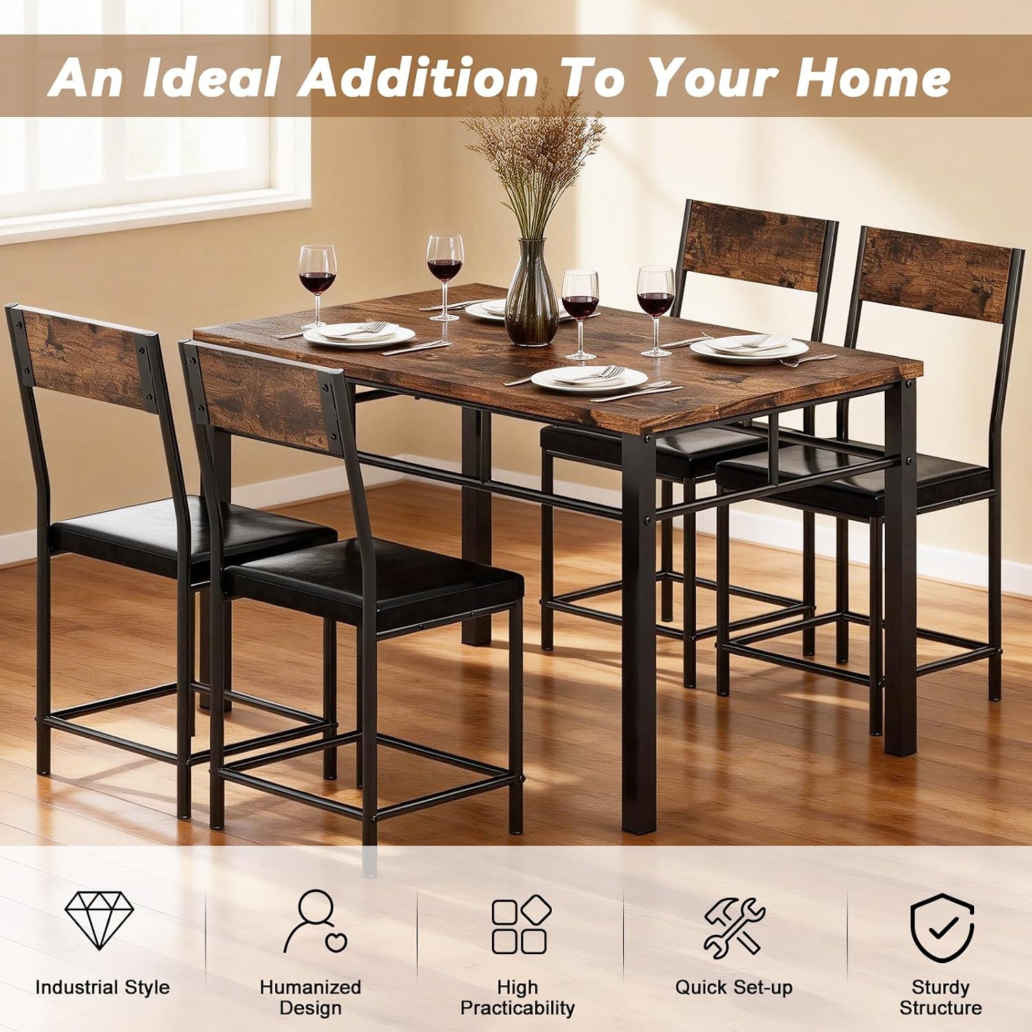 Dining Table Set for 4, Wood Industrial Style Kitchen Table with Upholstered Chairs, Kitchen Table and Chairs Set, Space-Saving Dining Room Set for Breakfast Nook and Small Spaces, Rustic Brown