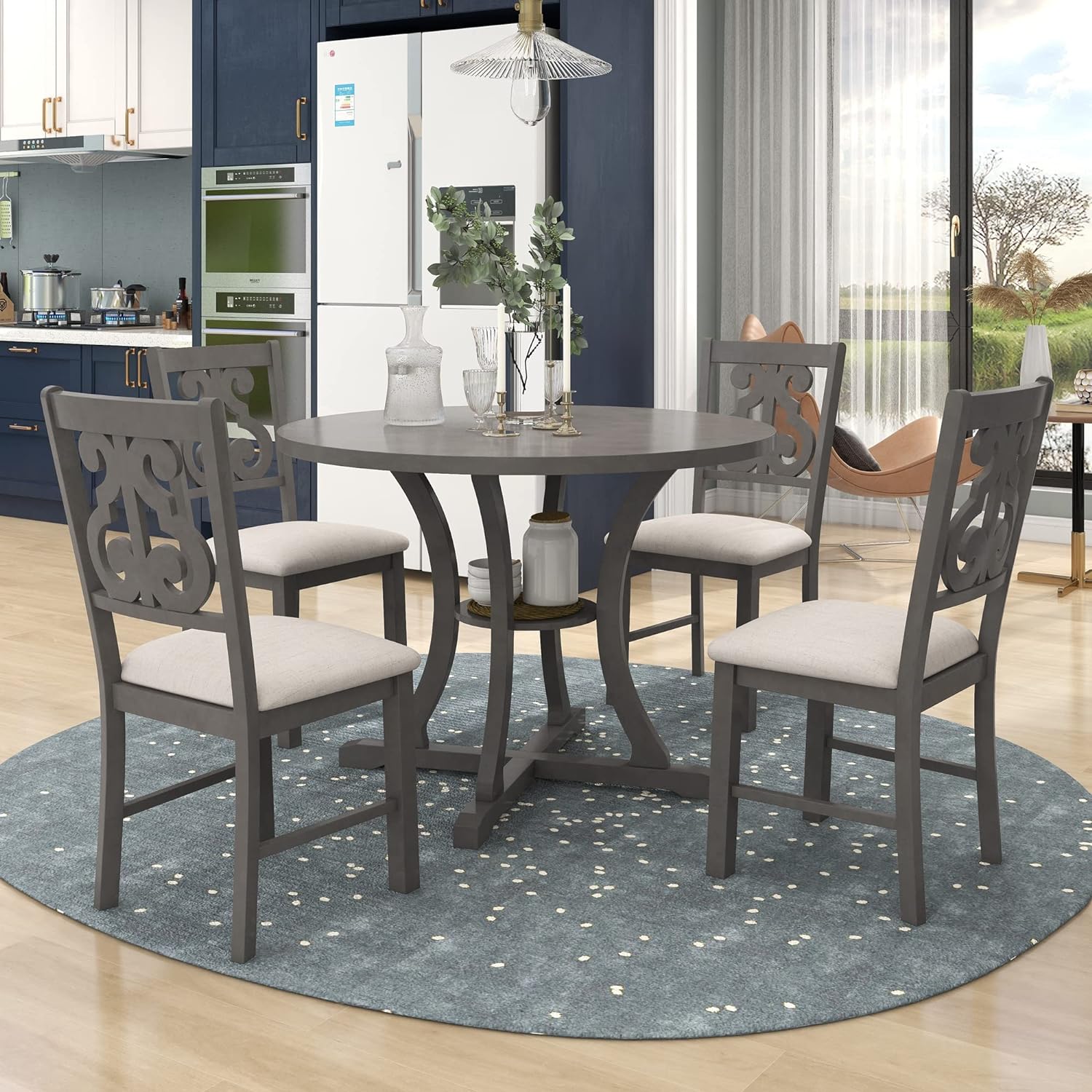 Harper & Bright Designs 5-Piece Round Dining Table and Chair Set, Round Dining Table with Shelf, Wood Dining Table Set for Family Dining Area