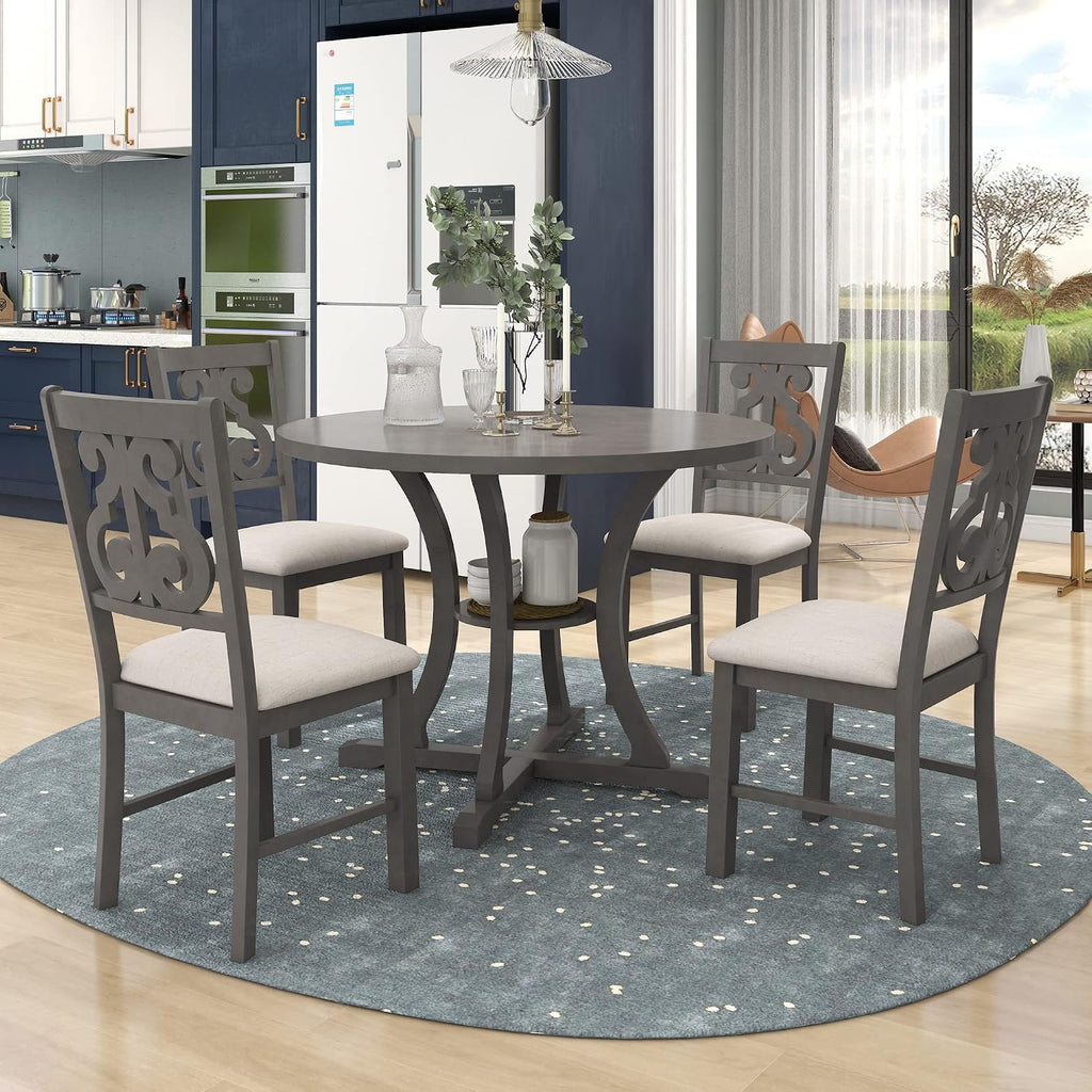 Harper & Bright Designs Retro Style Round Kitchen Dining Table Set for 4, 5 Piece Round Dining Table and 4 Fabric Chairs with Special-Shaped Table Legs and Storage Shelf, Gray