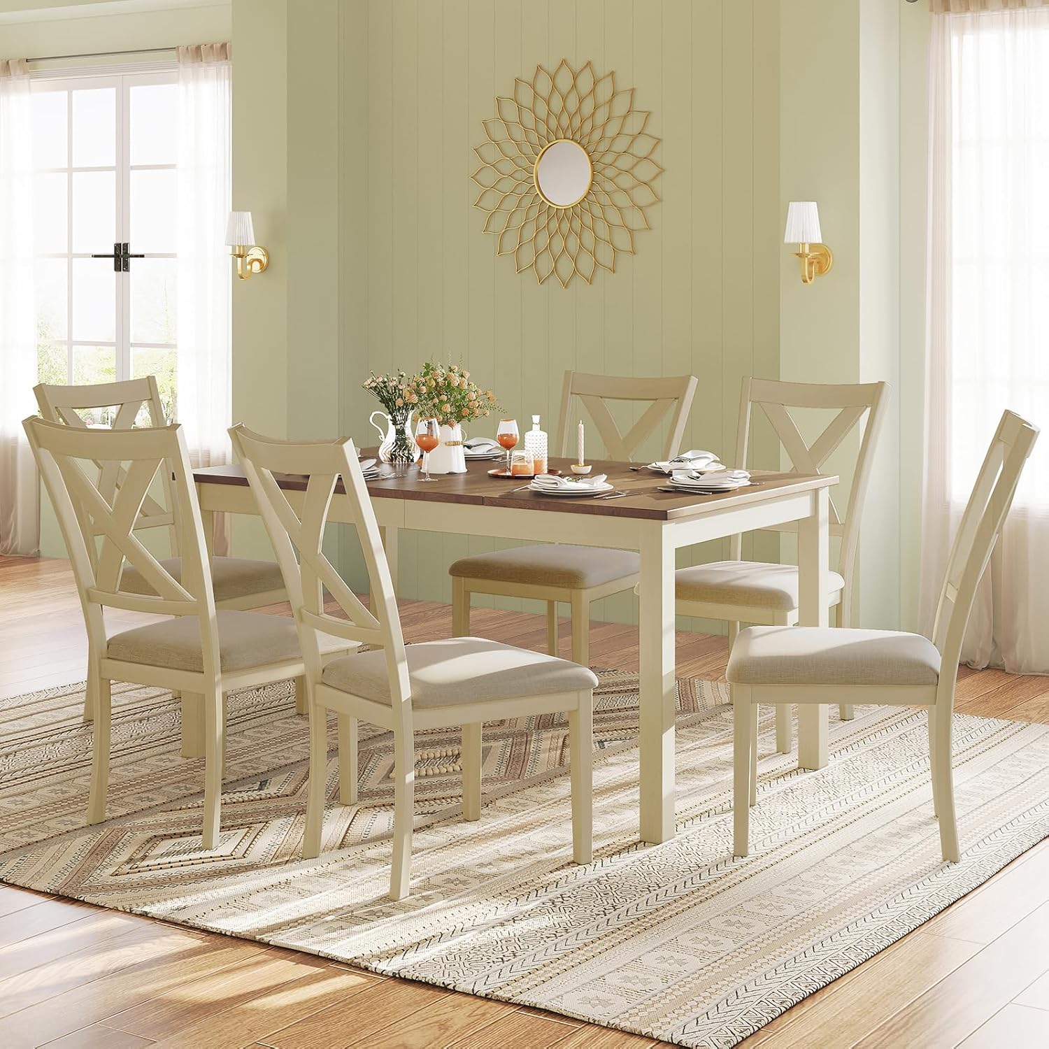 LUXOAK 7-Piece Solid Wood Dining Table Set, 60' Farmhouse Dining Table with 6 Chairs, Rectangular Table Set for 6, Kitchen & Dining Room Furniture, Distressed Cream