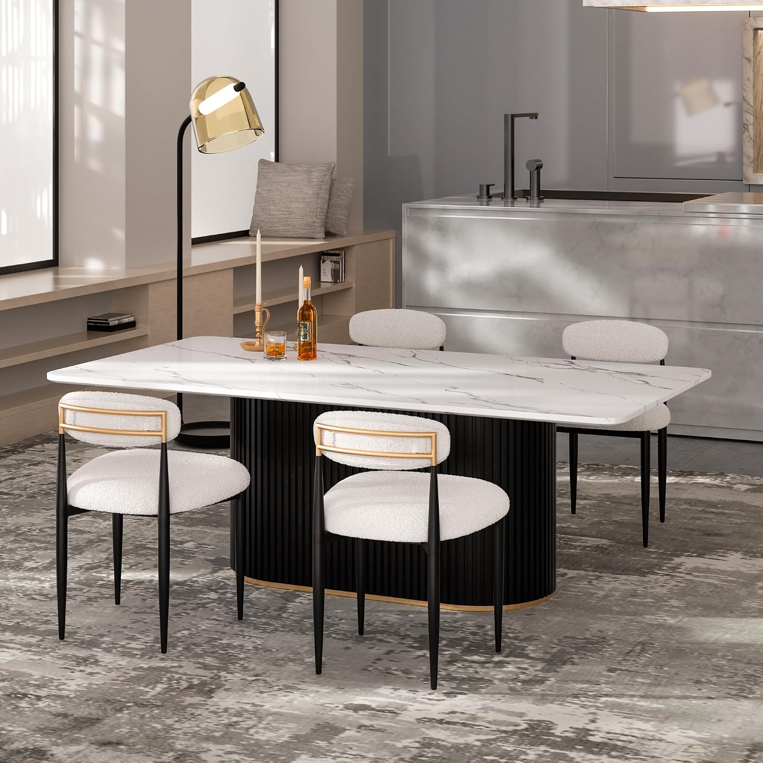 Morden Fort Modern Dining Table Set for 4, 70' Kitchen Table with Marble Rectangle Top and Black Fluted Base, 4 Boucle Upholstered Chairs for Dining Room, Restaurant and Reception