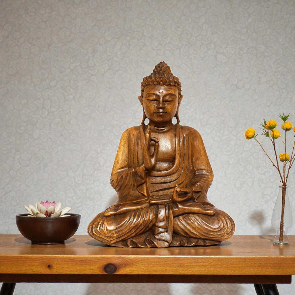 G6 Collection 12' Wooden Serene Sitting Buddha Statue Handmade Meditating Sculpture Figurine Decorative Home Decor Accent Rustic Handcrafted Art Traditional Modern Contemporary Oriental Decor