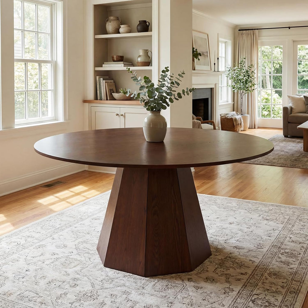 BESTANO 59' Round Dining Table for 4-6 People, Kitchen Dining Room Table with Wooden Pedestal Base, Circle Dinner Pedestal Dining Table for Dining Room (Table Only), Walnut