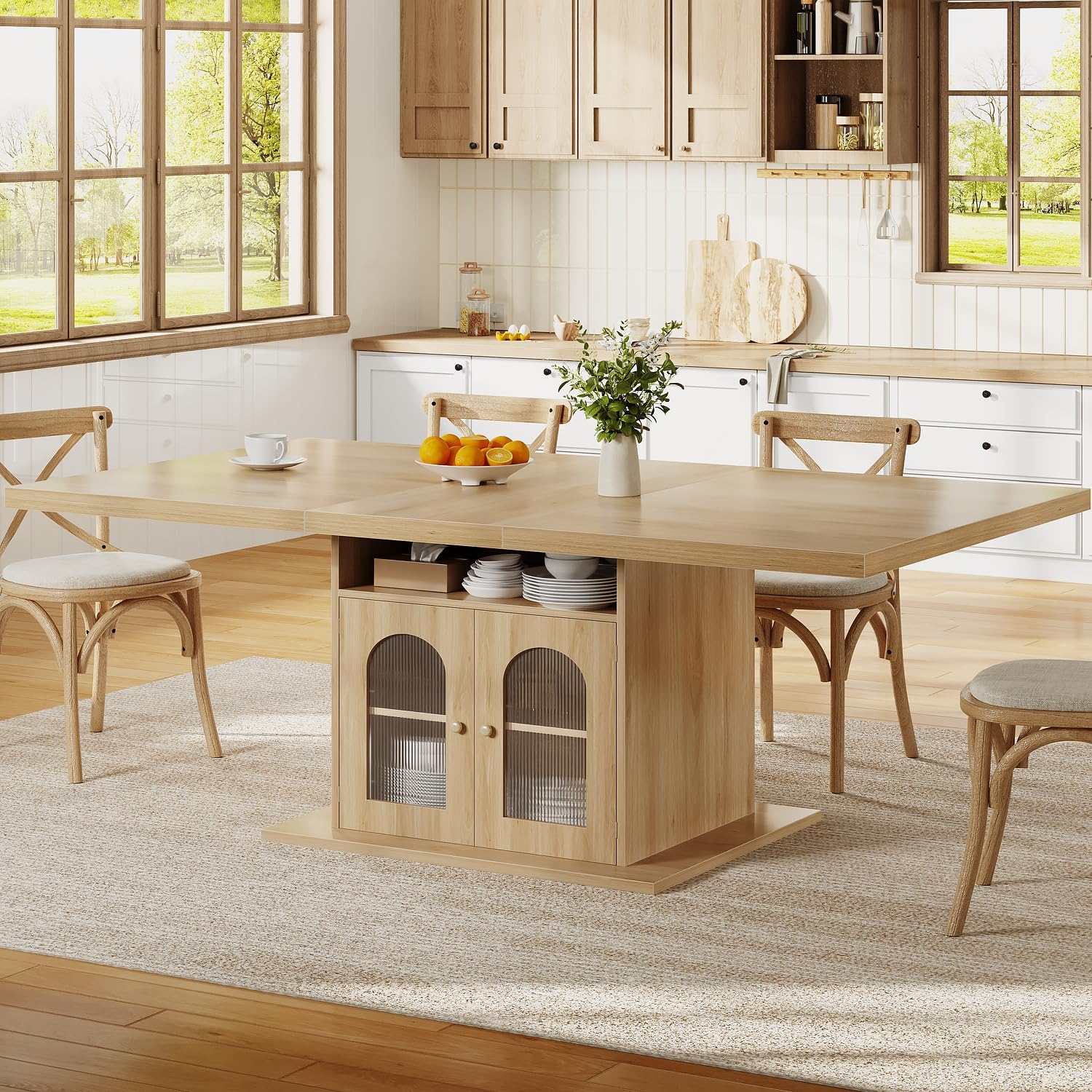 HSH Dining Table for 4–6, 63 Inch Wood Farmhouse Kitchen Table with 3-Tier Storage Shelf and Acrylic Door Cabinet, Rectangular Modern Dining Room Dinner Table for Apartment Home Small Space, Light Oak