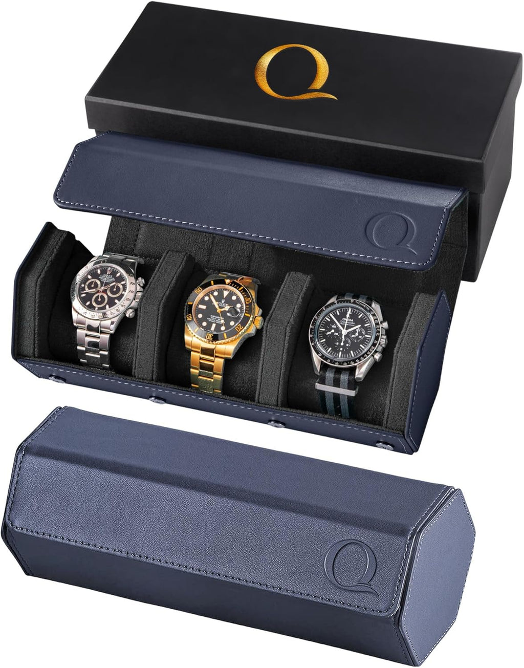 QWATCHBANDS Napa Leather Watch Rolls for Men - Hexagon Triple Watch Roll Travel Case for 3 Watches - Storage Organizer Genuine Leather with Velvet Interior Display (Blue/Black)