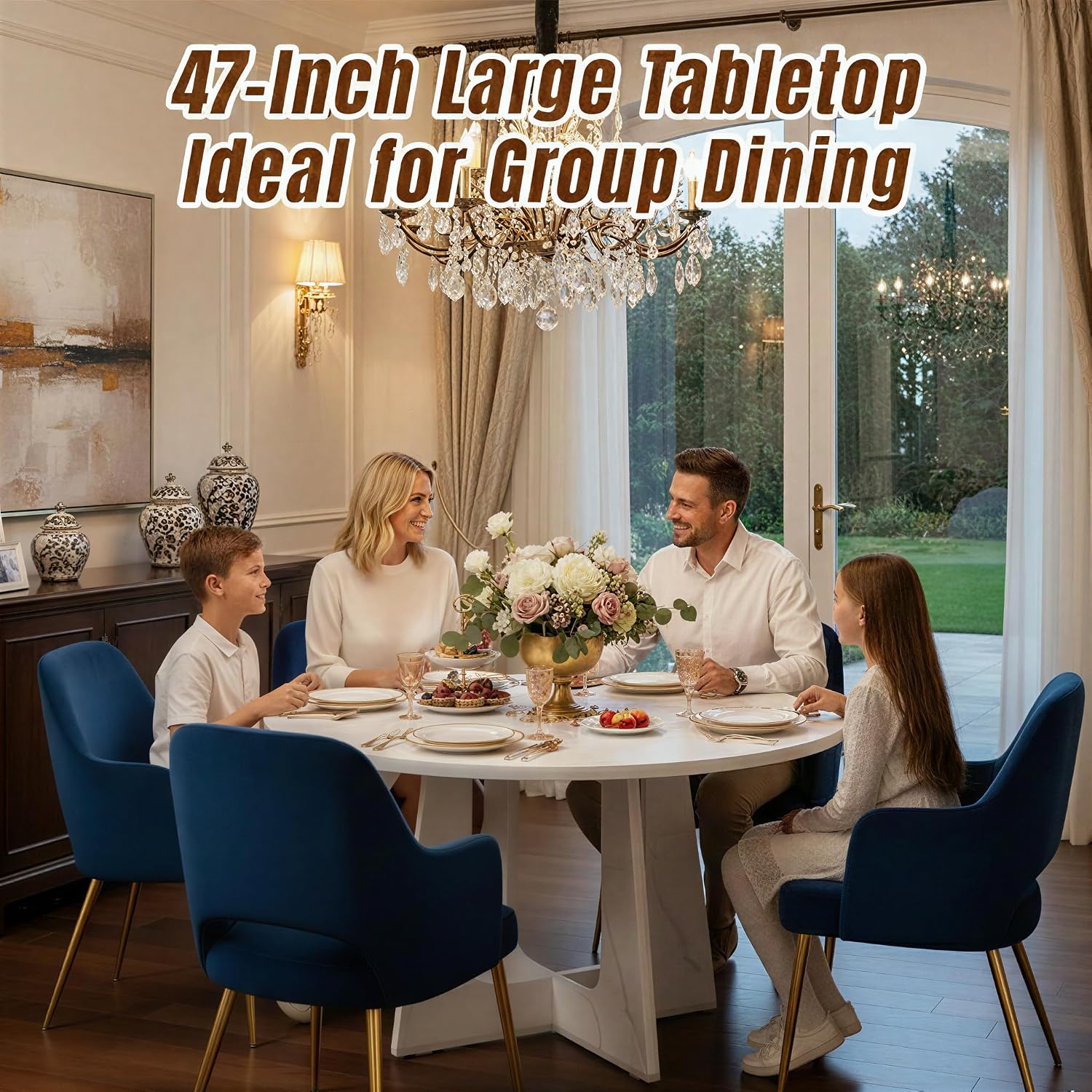 47' Round Dining Table for 4-6, Farmhouse Wood Kitchen Table, Mid-Century Wooden Circle Dinner Room Table Easy Assembly for Dining Room, Kitchen, Living Room (Faux Marble)