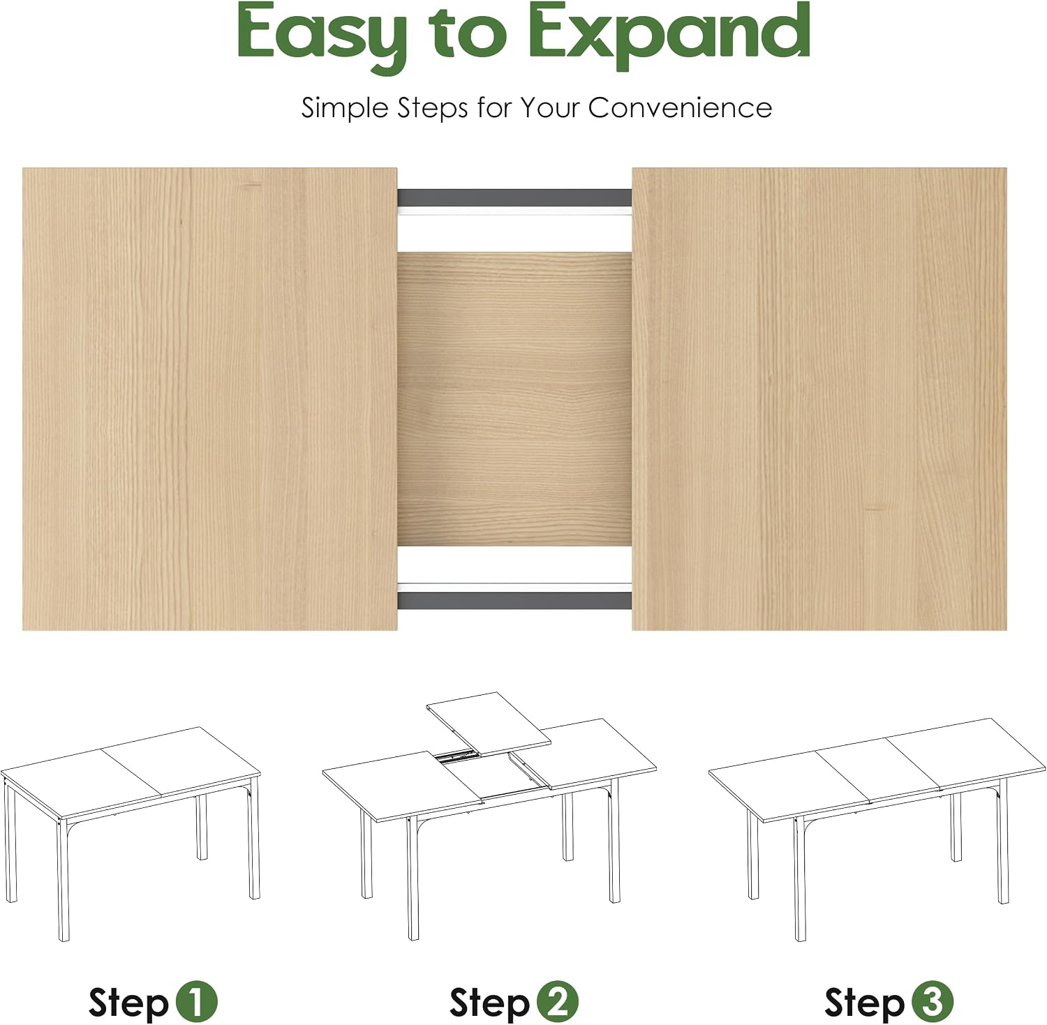 Extendable Dining Table, Rectangle Kitchen Table for 4-8 People, Modern Wooden Dinner Table with Strong Metal Legs, Space Saving Expandable Dining Room Table for Restaurant, Conference, Natural