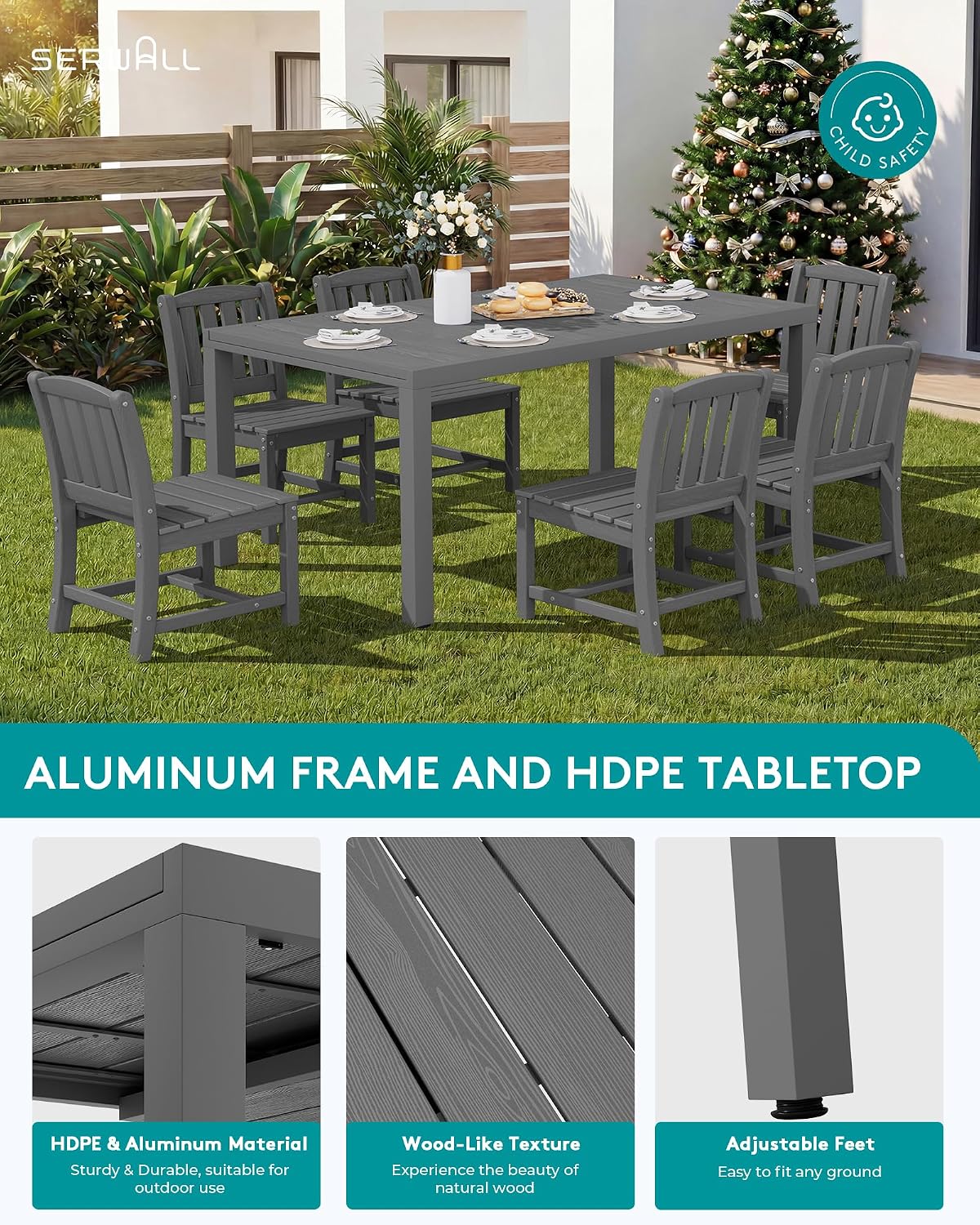 SERWALL Outdoor Dining Chairs Set of 2, All-Weather HDPE Patio Armless Chairs Suitable Outdoor Dining Table, Grey